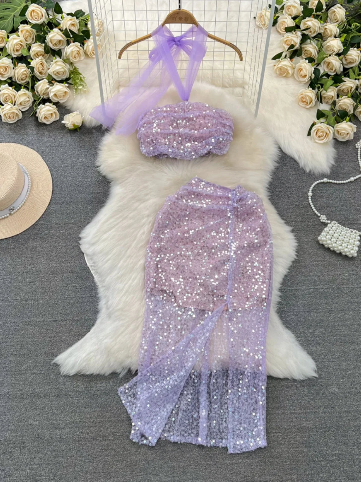 purple two piece dress Two Piece Mermaid Prom Dresses Lace Long Sleeves