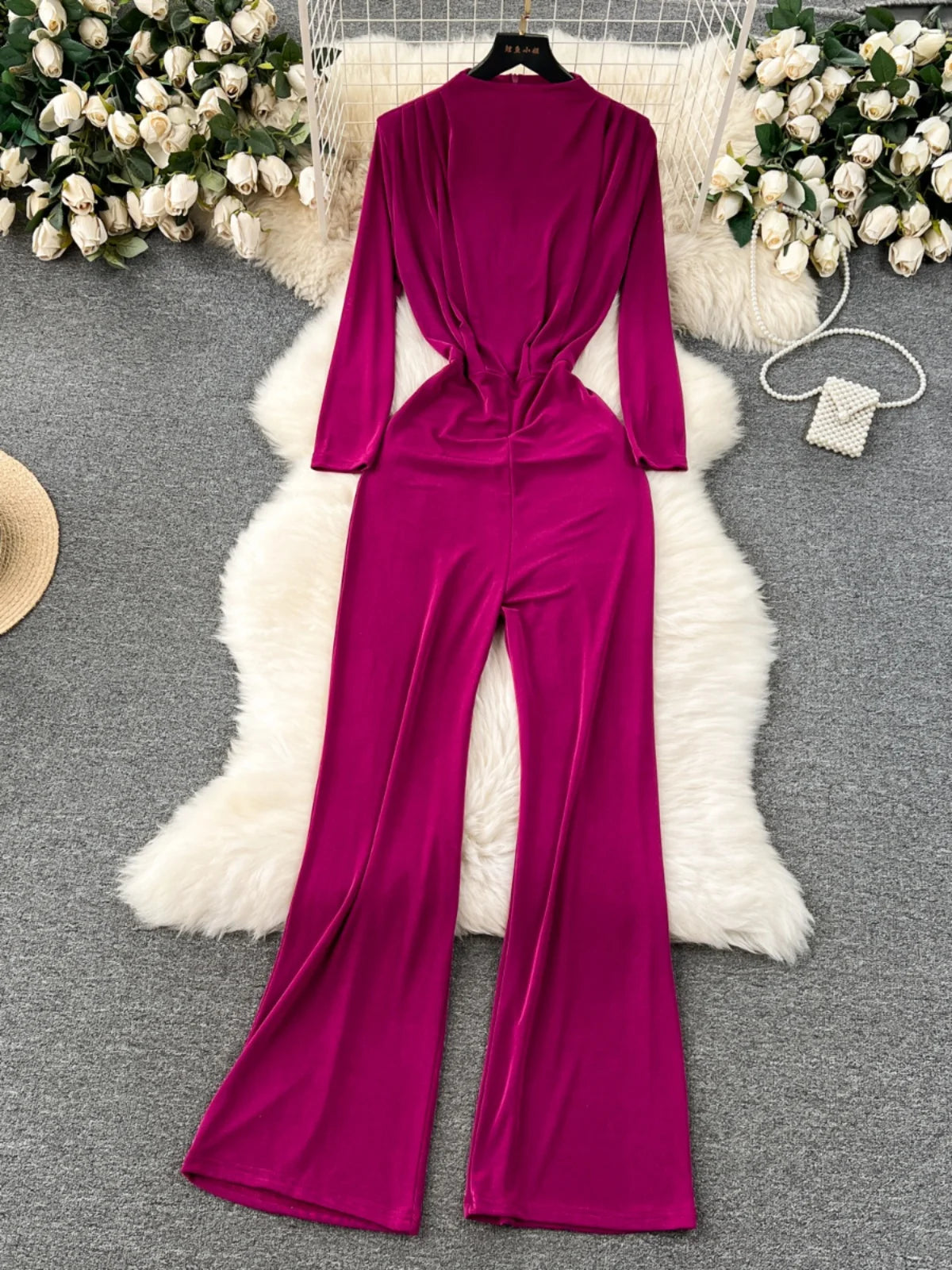 Tourtownbeach Velvet Long Sleeve Wide Leg Jumpsuit with V Neck