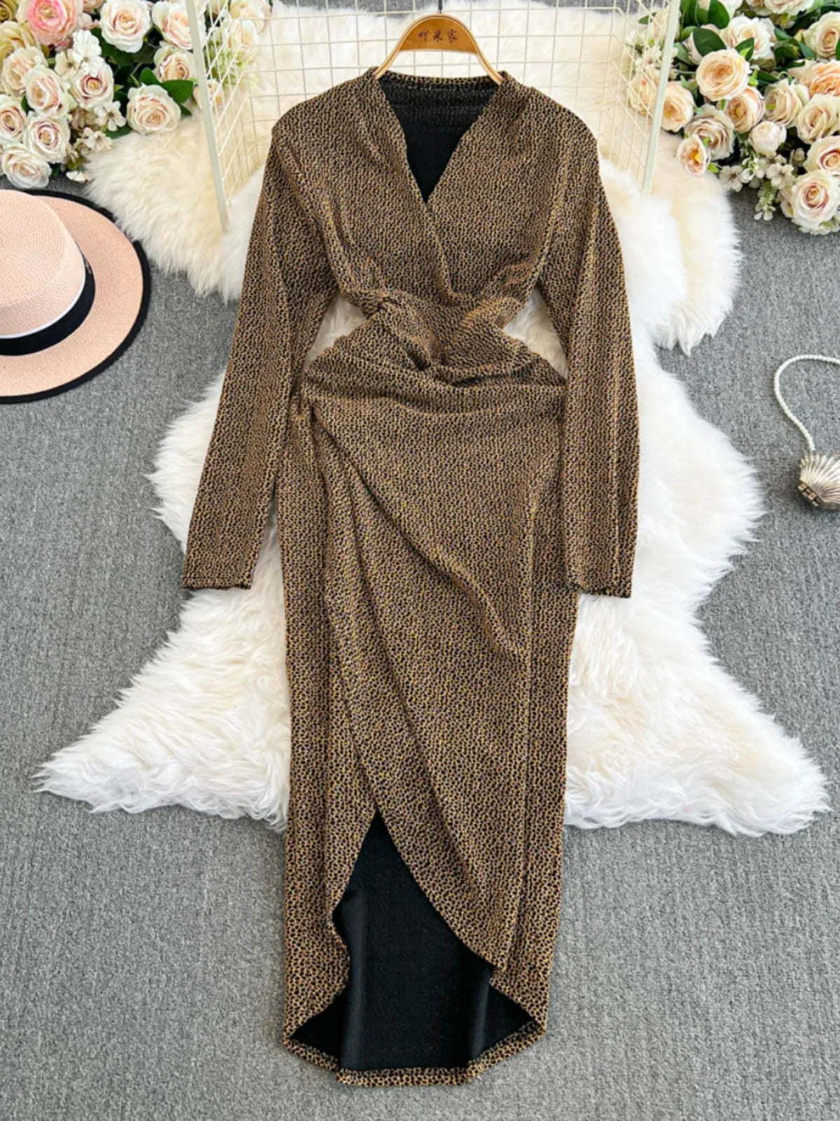 Leopard Print Long Sleeve Wrap Midi Dress on Luulla