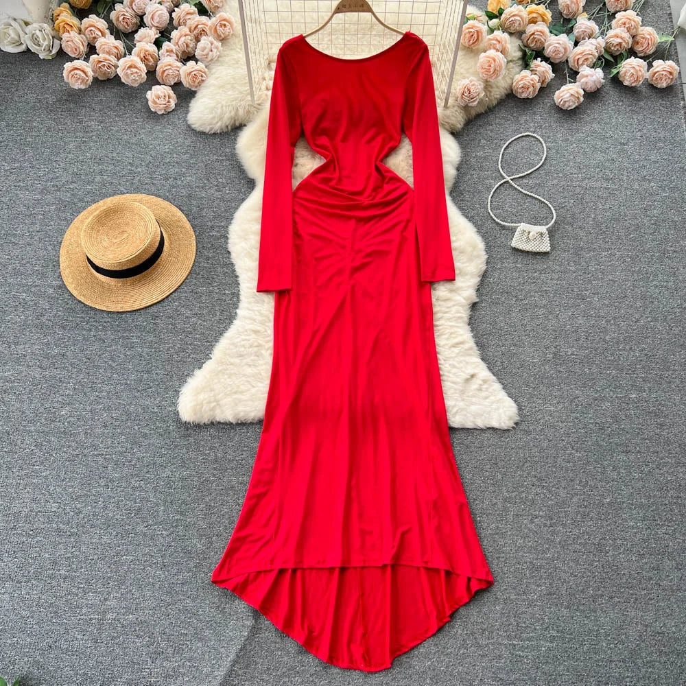 Red Long-sleeve Maxi Dress With Flared Hem