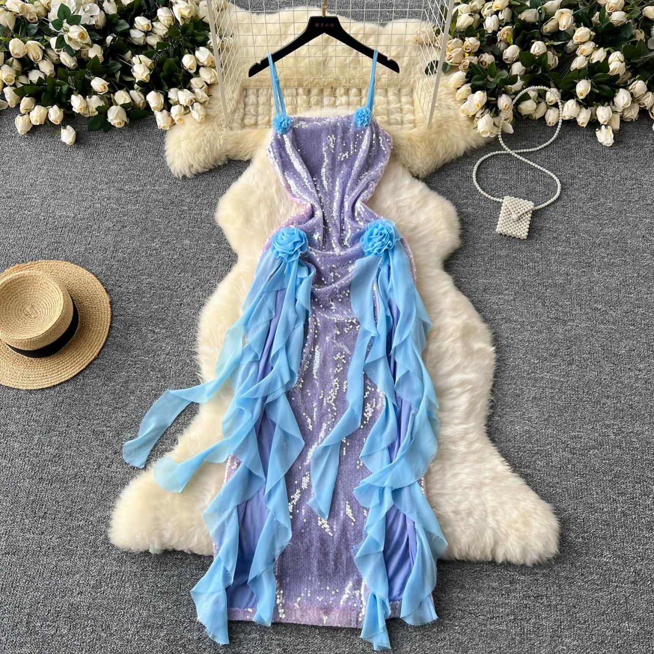 white christmas dresses Elegant Light Blue Pretty Sequin Dress - Chiffon Dress with Embellished Bodice main image 1