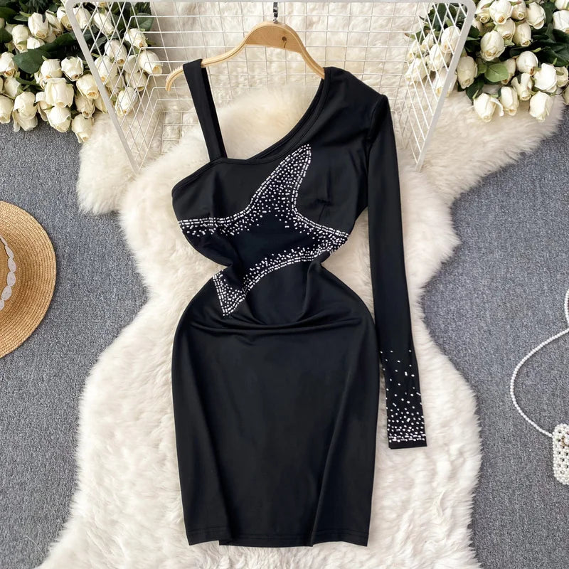 Asymmetrical Black Dress with Sparkling Star Design
