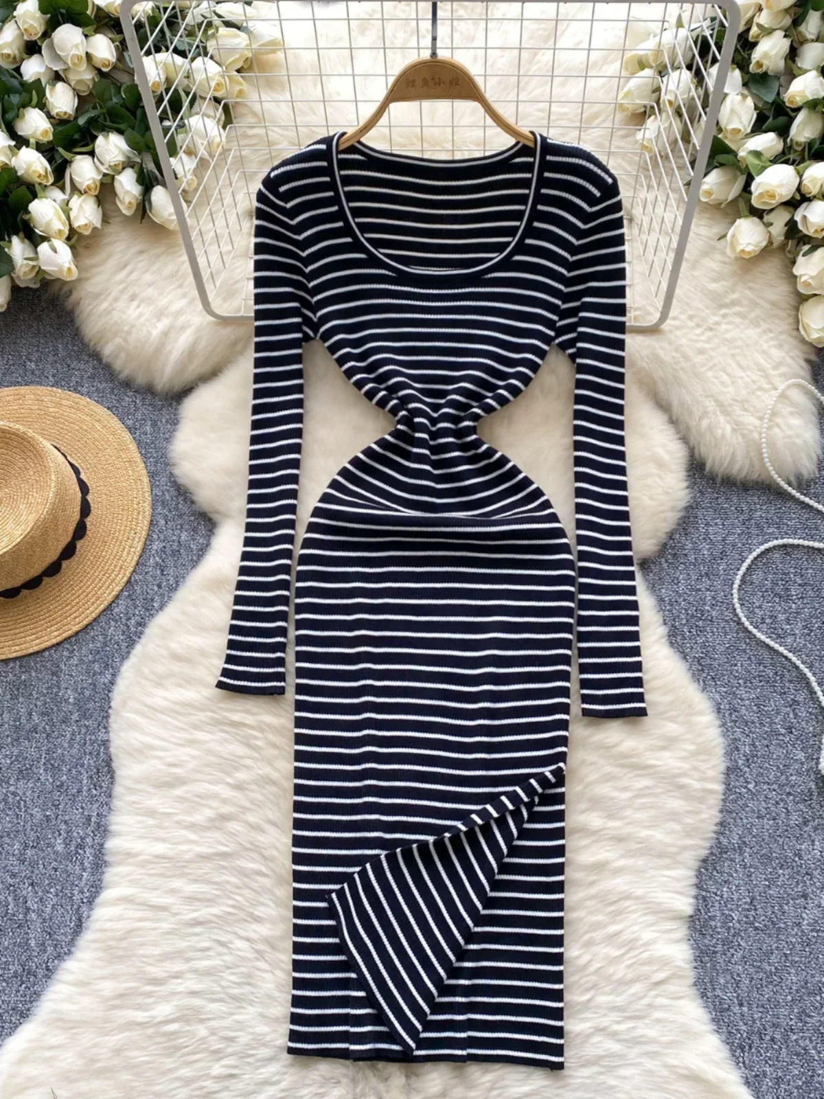 Striped Long Sleeve Bodycon Dress With Twist