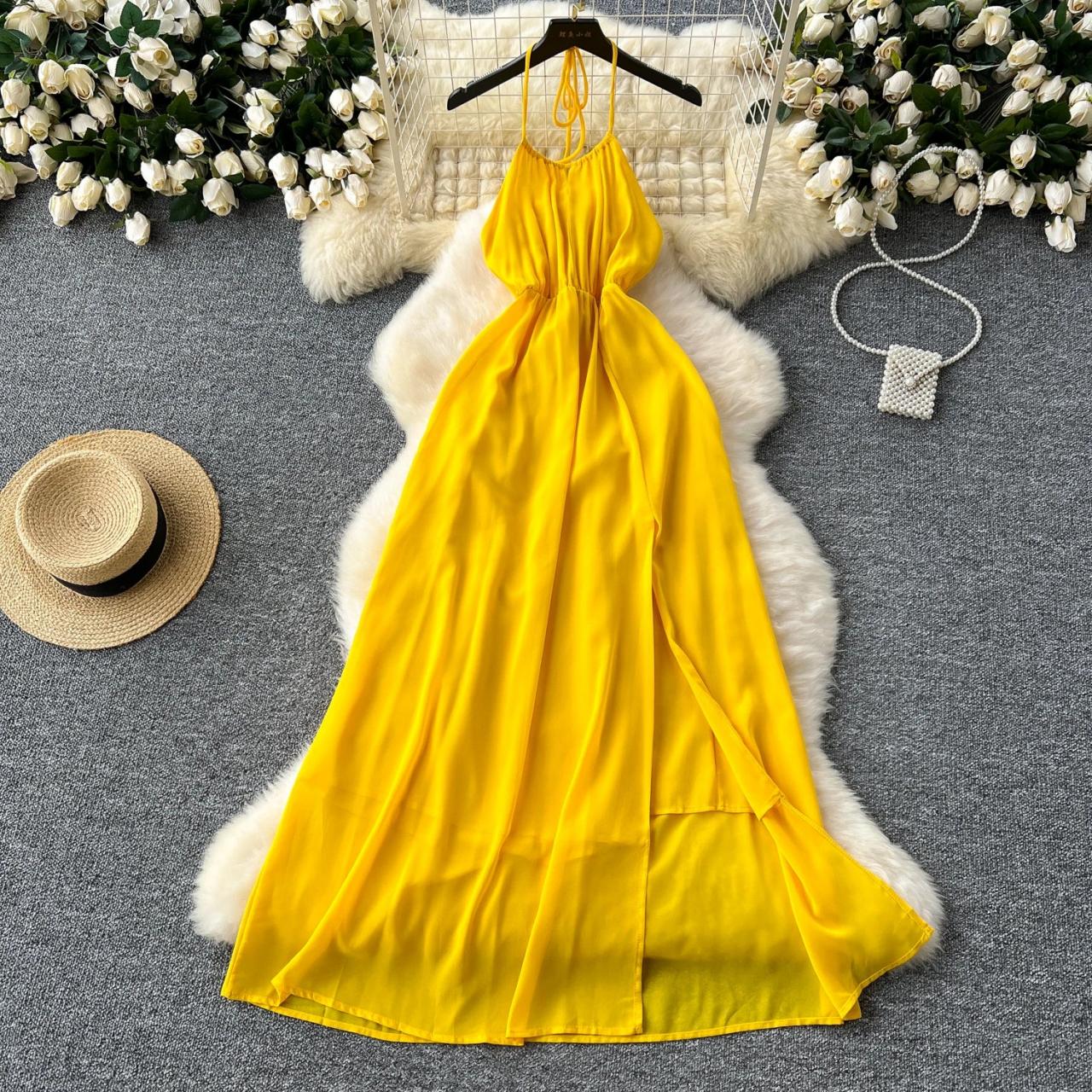 Vibrant Yellow Summer Maxi Dress With Belt