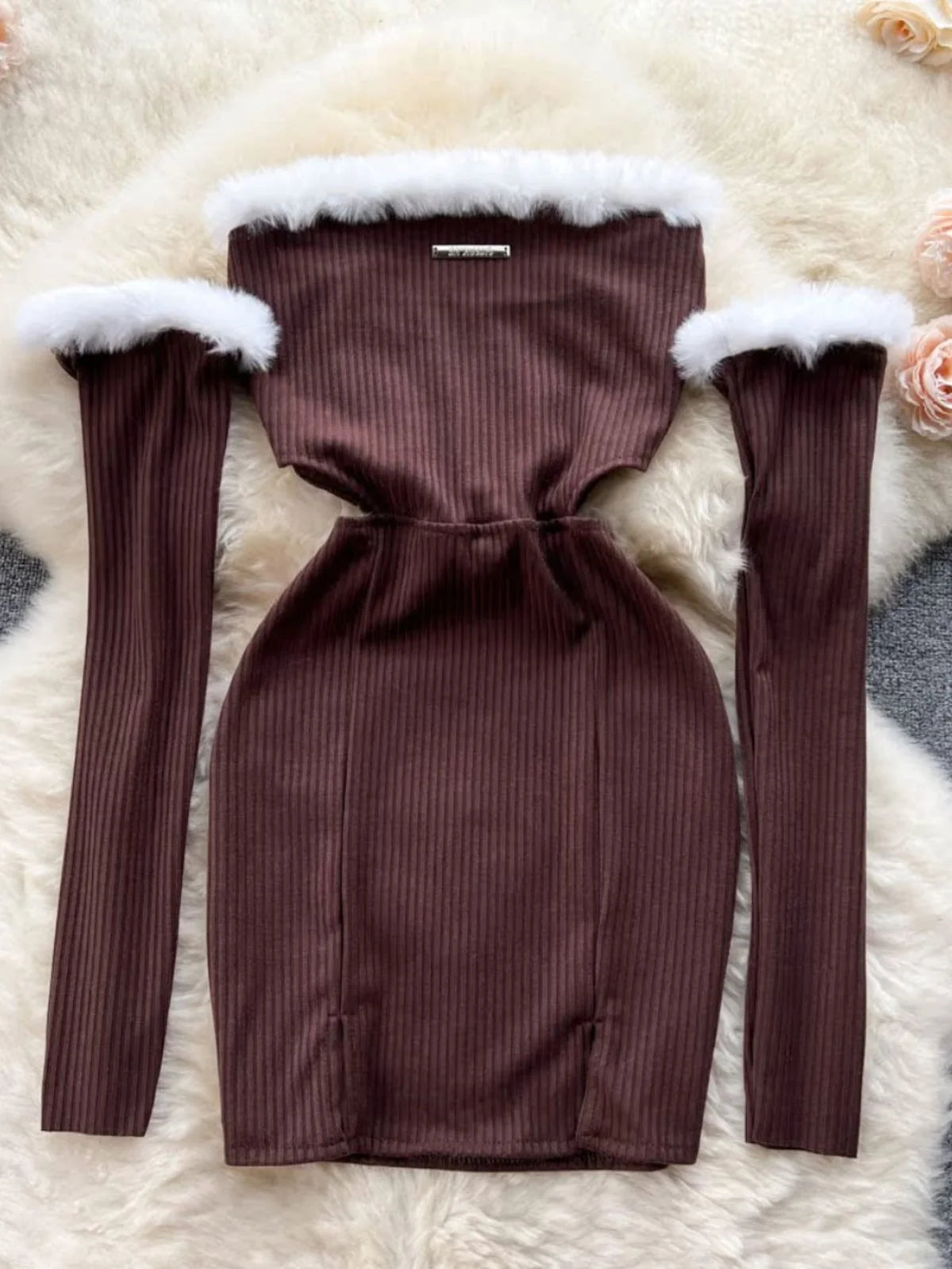 Off-shoulder Ribbed Dress With Faux Fur Trim