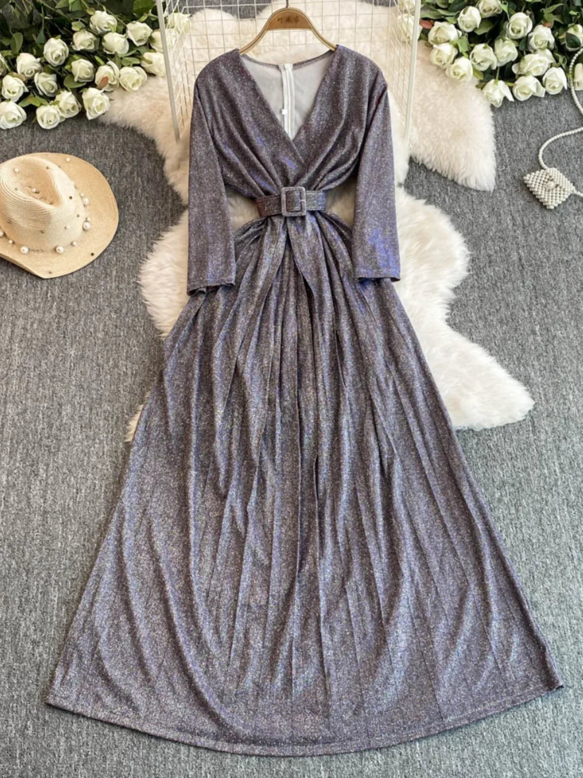 knee length dresses for ladies Devora Silver Sequin Crew-Neck Maxi Dress With Cape Sleeves – Club L London main image 0