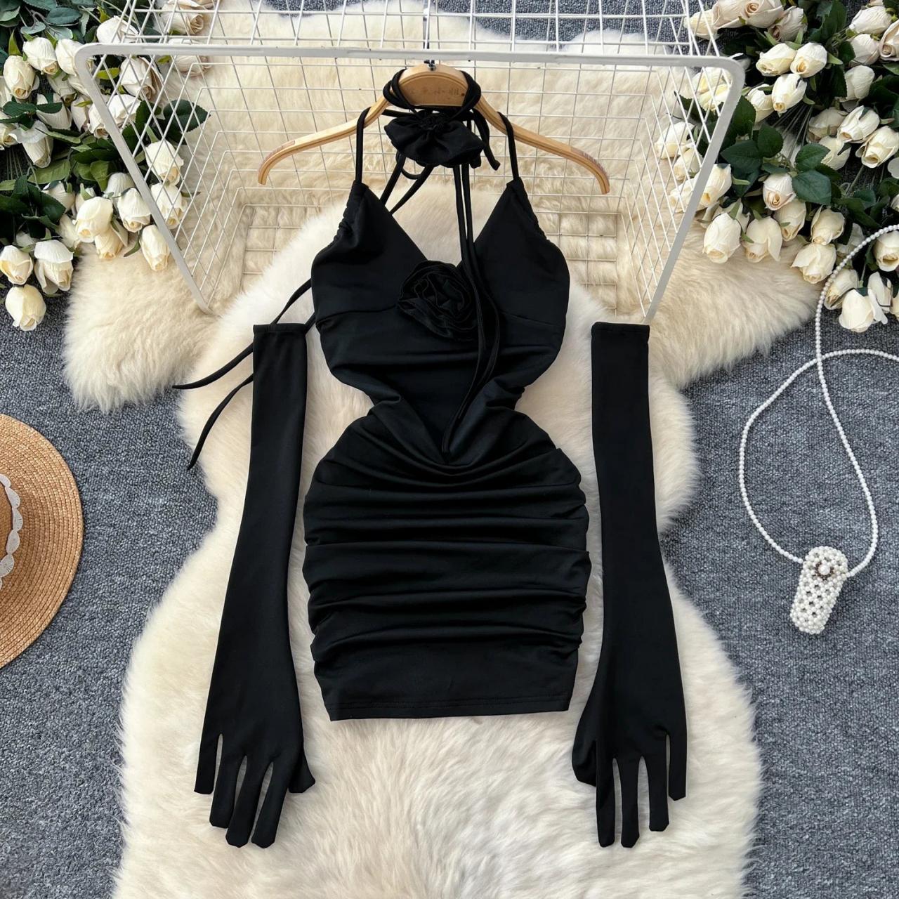 Sleek Black Ruched Halter Dress Set
