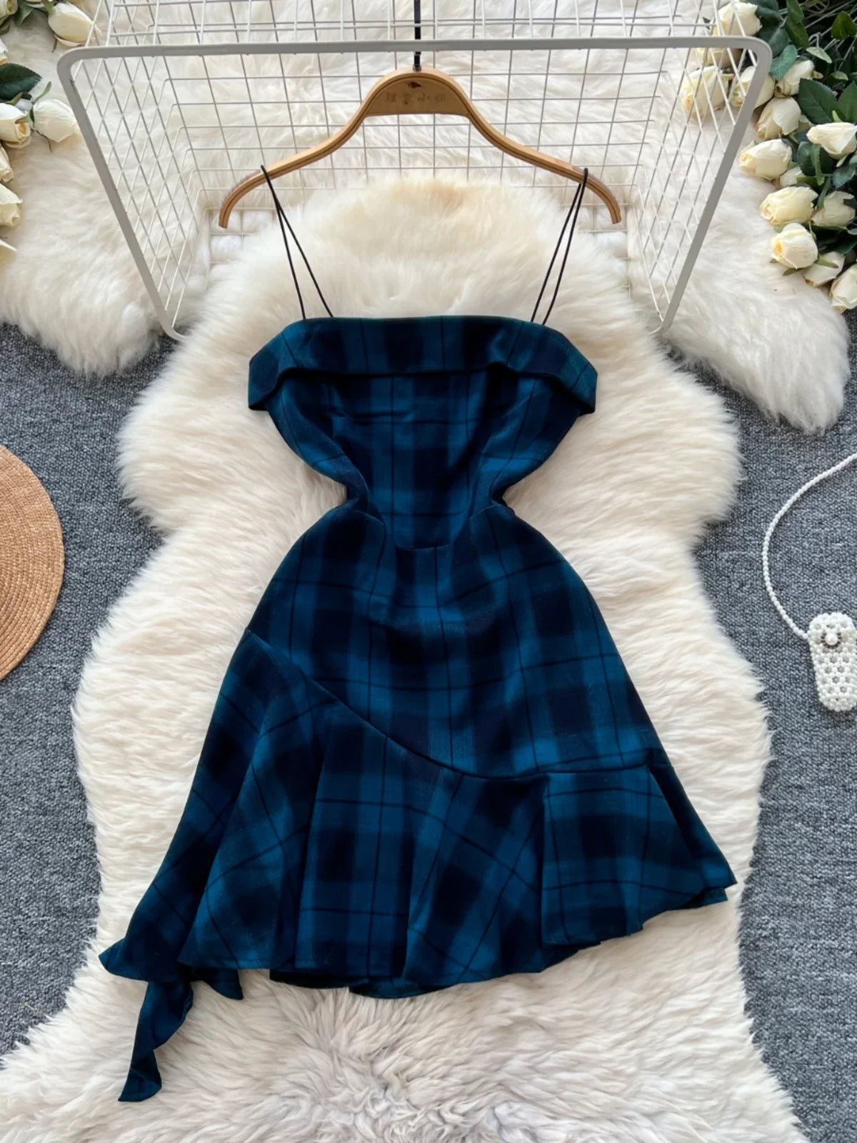 Chic Plaid Off-shoulder Dress With Spaghetti Straps