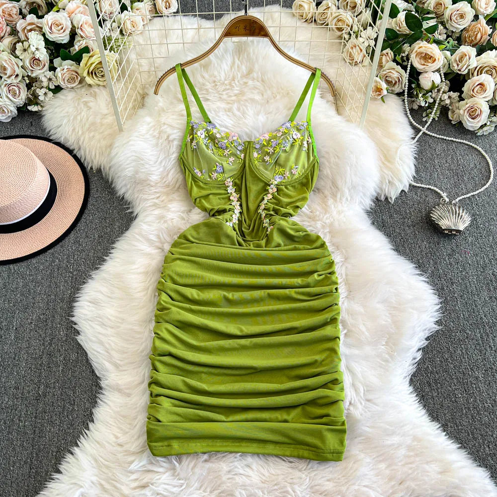 Green Velvet Ruched Dress With Floral Embroidery on Luulla