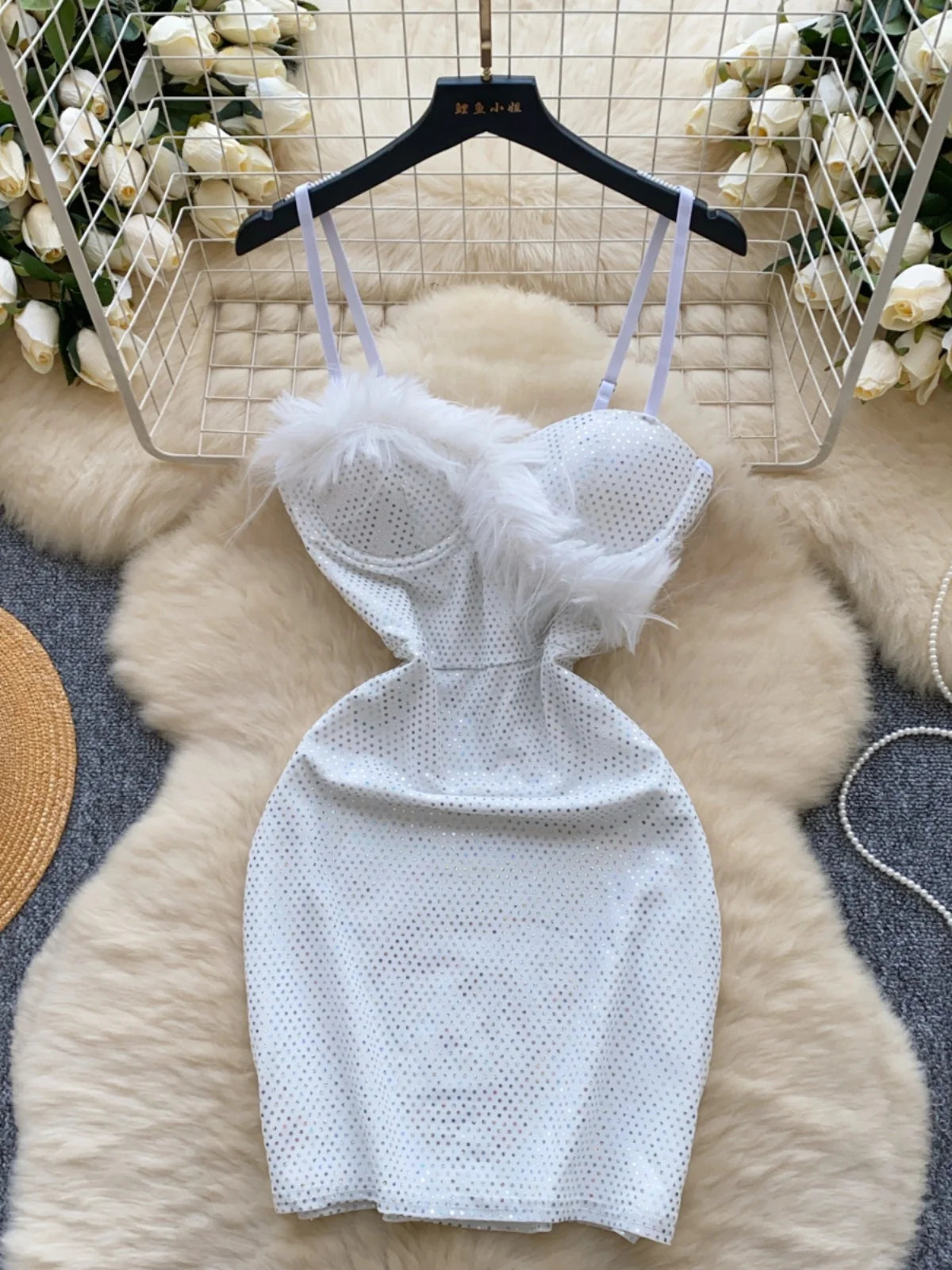 Luxe White Fitted Dress With Faux Fur Accents