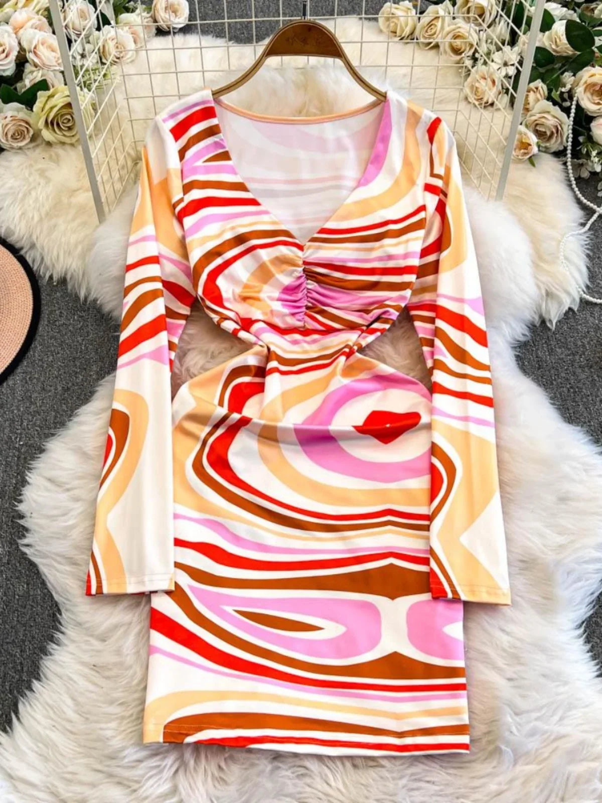 Vibrant Long-Sleeve Dress with Abstract Print Design