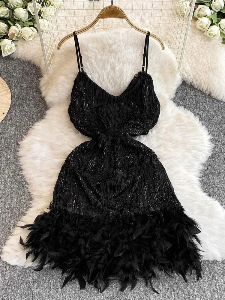 black sequin feather dress A-Line Black Sequin Feather Short Party Dress Black / 14