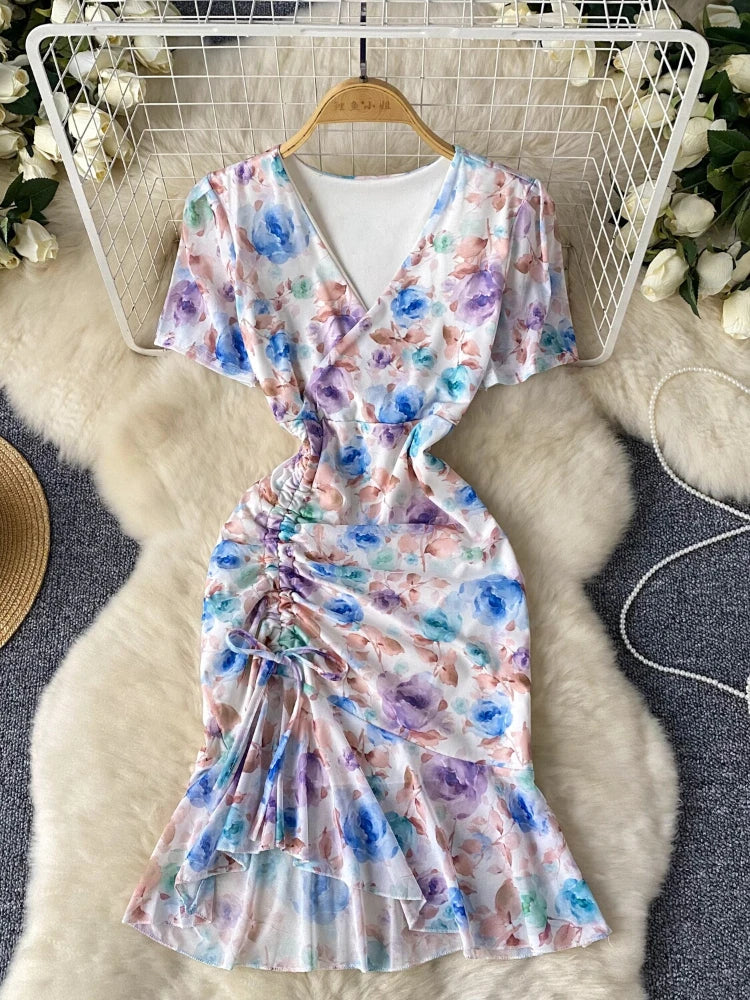 Floral Wrap Dress With Ruffled Ruched Design on Luulla
