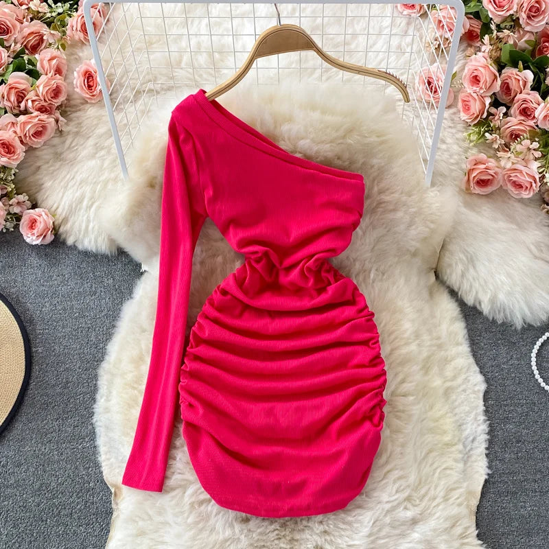 One-shoulder Ruched Mini Dress In Vibrant Pink on Luulla