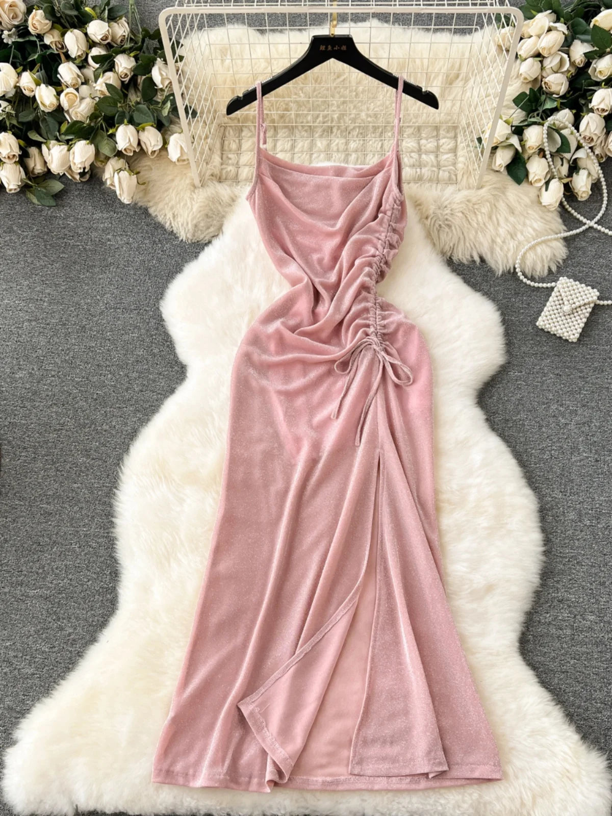 Soft Ruched Pink Velvet Sleeveless Maxi Dress