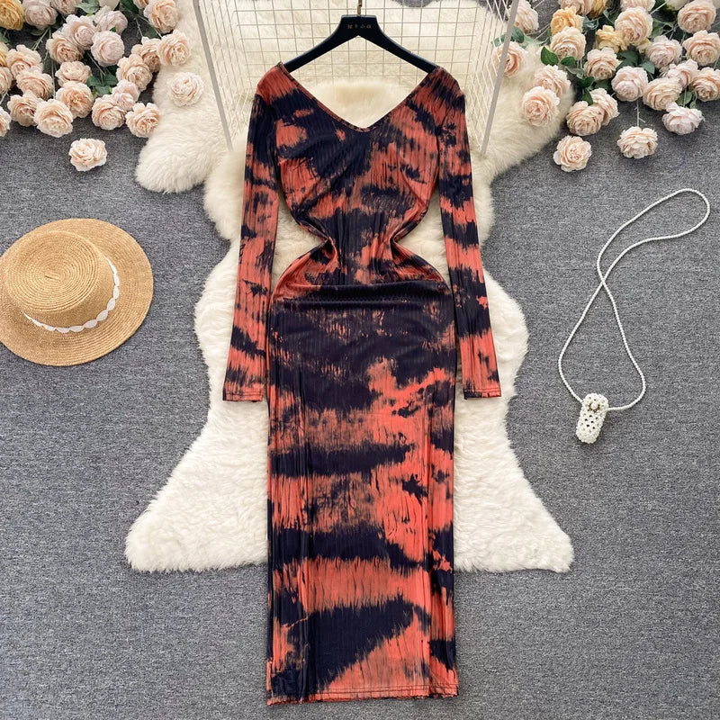 orange tie dye bodycon dress Evening Gloves Tie Dye String Cutout Bodycon Dress In ORANGE