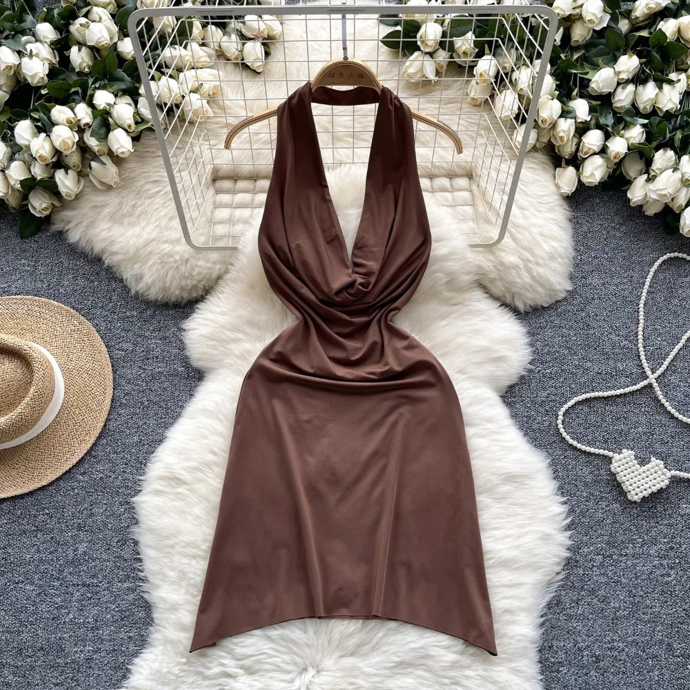brown satin halter dress Women's In Case You Forgot Tan Leopard Print Satin Halter Maxi Dress | Size: L main image 1