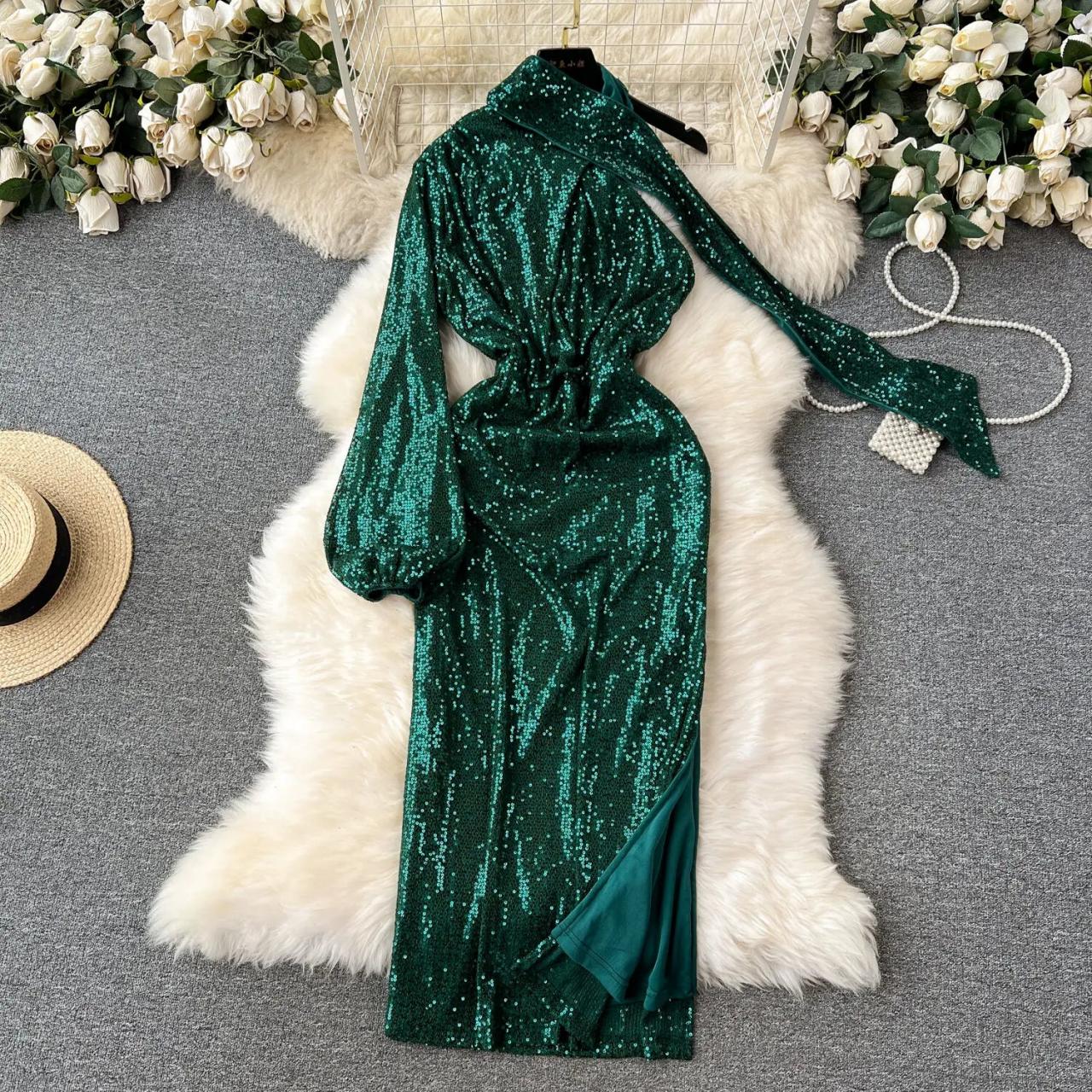 emerald green sequin wrap dress Final Sale Emerald Green Beaded Embroidered Evening Dress with Overskirt XD012 main image 0