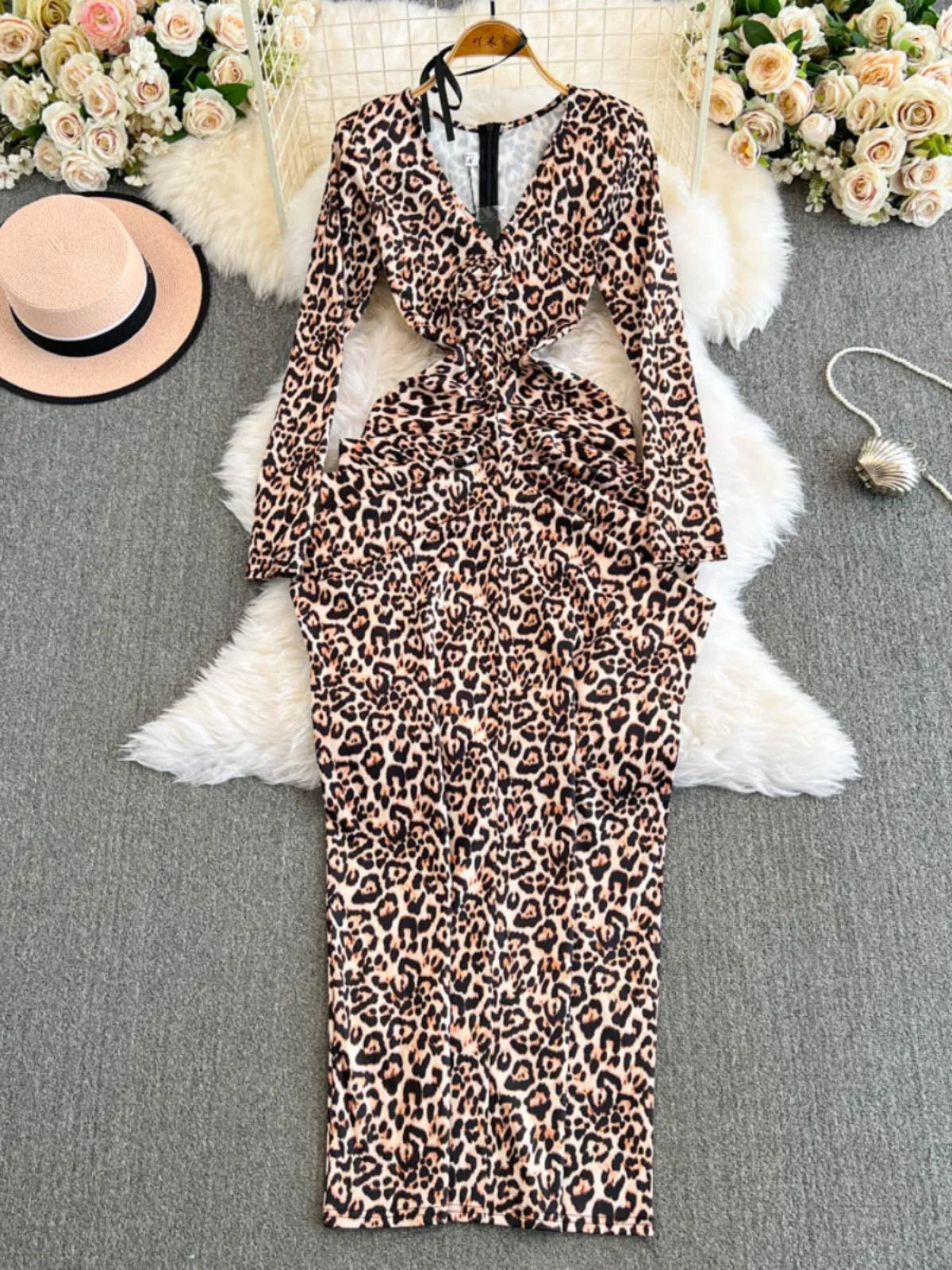 Leopard Print Long Sleeve Bodycon Dress Set