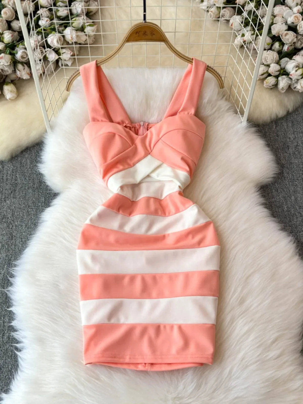 Pastel Striped Bodycon Dress With Crisscross Design on Luulla