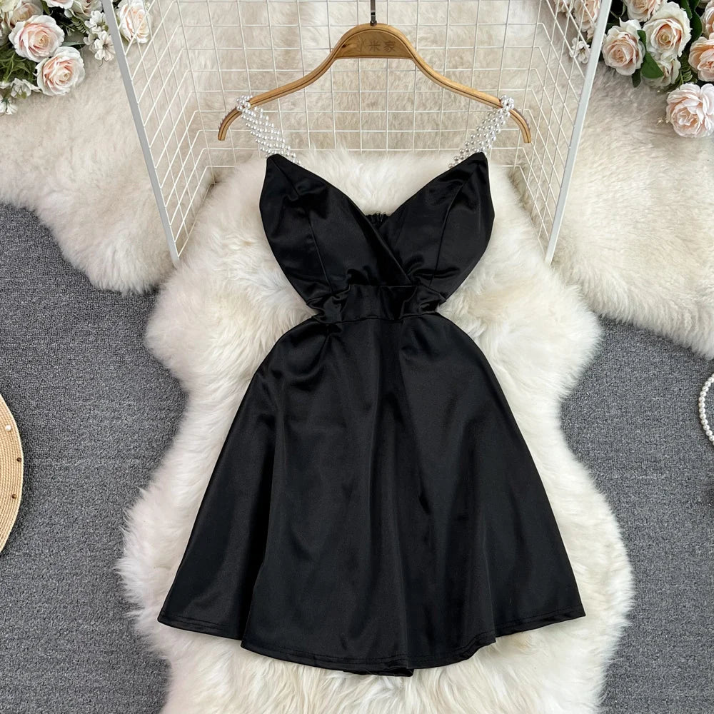pearl strap satin dress in black Cami NYC Women's Shallon Faux Pearl Strap Satin Gown - Black