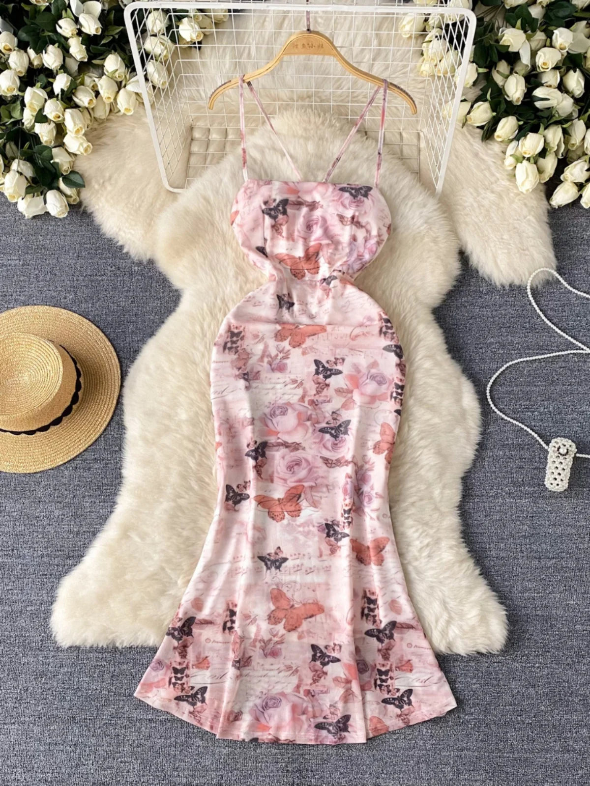 Butterfly Print Sleeveless Bodycon Dress With