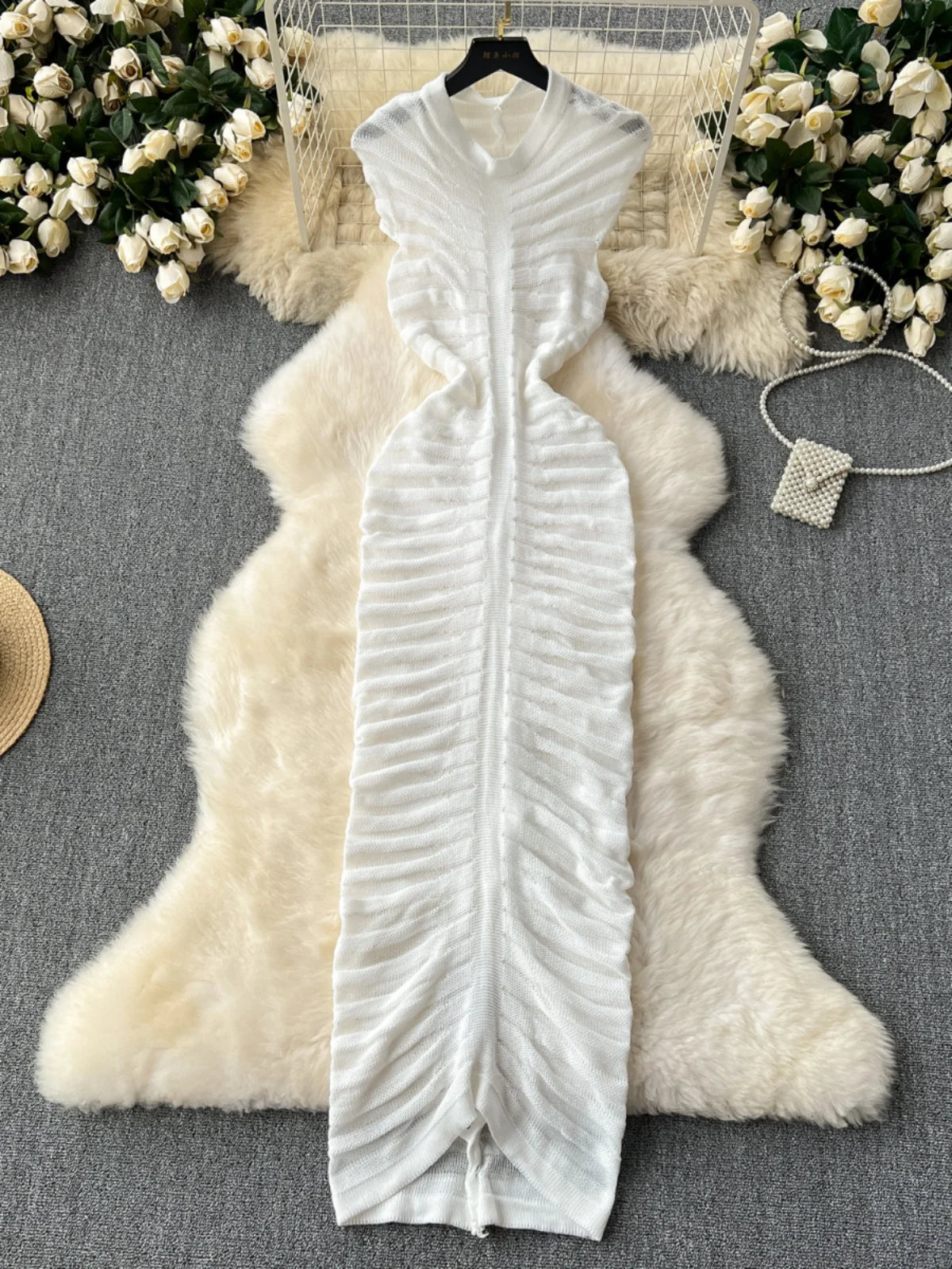 Foamlina Casual Women Knitting Long Dress Summer Fashion White Black O Neck Sleeveless Hollow Out Striped Bodycon Party Dresses