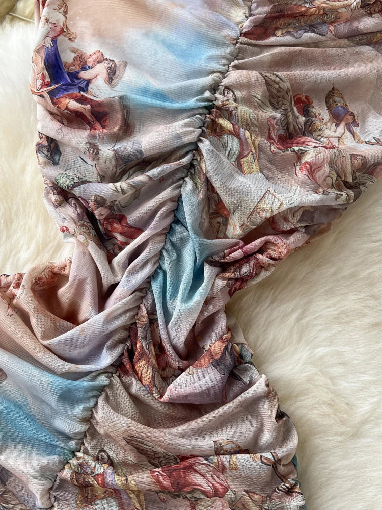 Renaissance Print Ruched Bodycon Dress, Pastel Hues on Luulla