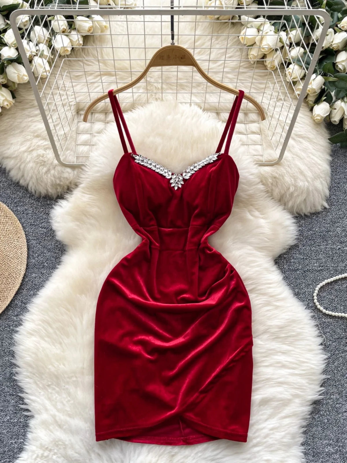 Tourtownbeach Red Velvet Dress with Rhinestone Spaghetti Straps