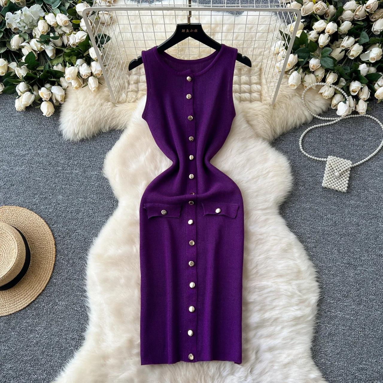 Sleeveless Button-up Purple Midi Sweater Dress on Luulla