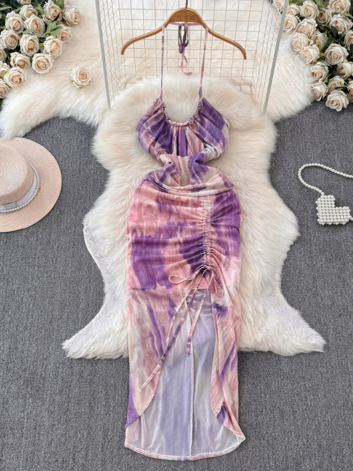 Tie-dye Halter Maxi Dress With Ruched Waist on Luulla
