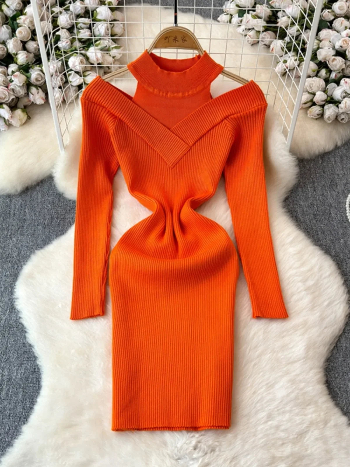 orange ribbed bodycon dress Nayeli Knit Ribbed Halter Bodycon Midi Dress