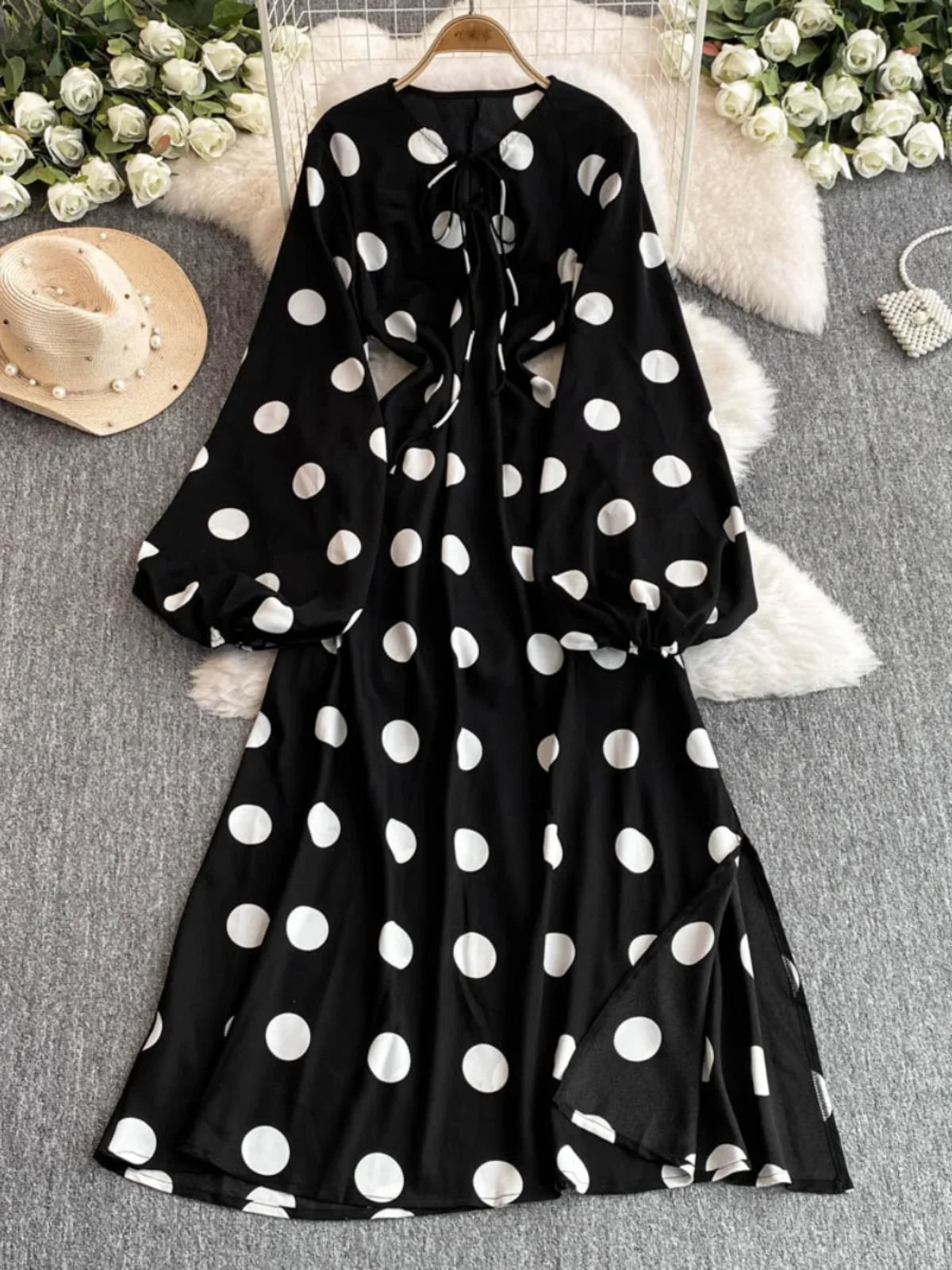 Chic Polka Dot Dress With Balloon Sleeves
