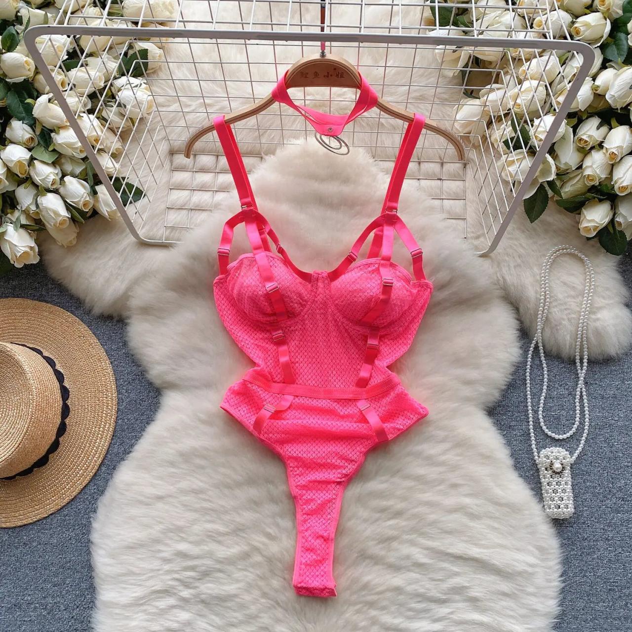 Neon pink lace bodysuit 2025
