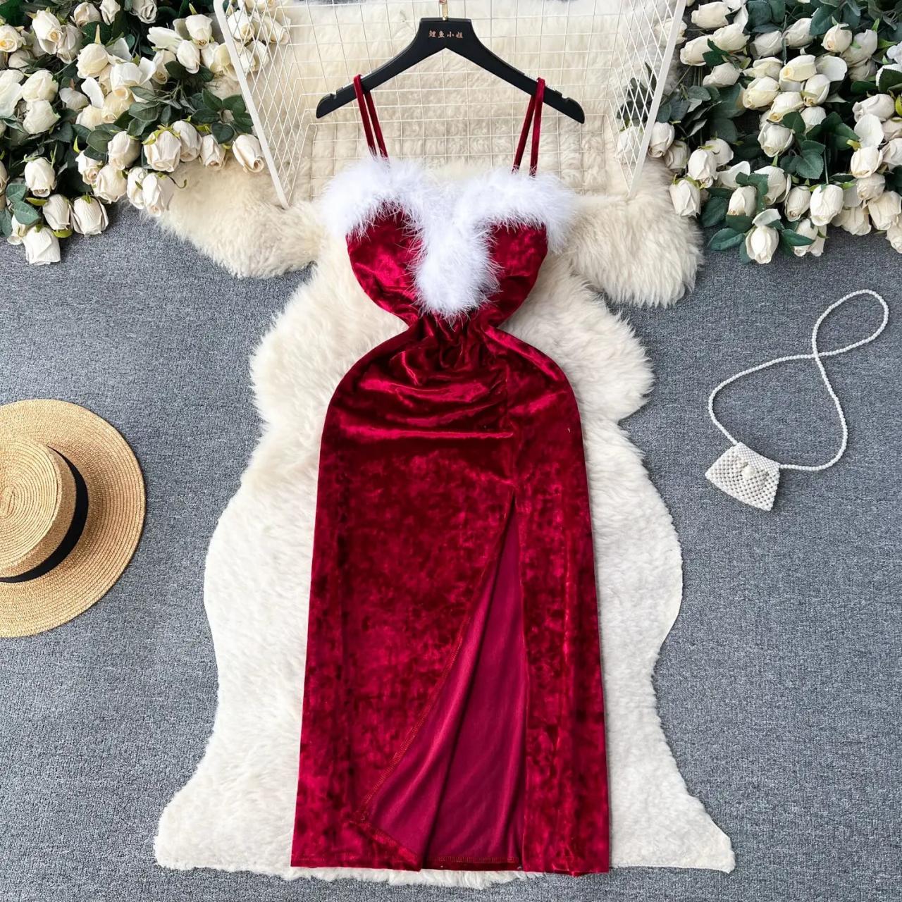 Velvet Red Dress With Faux Fur Trim on Luulla