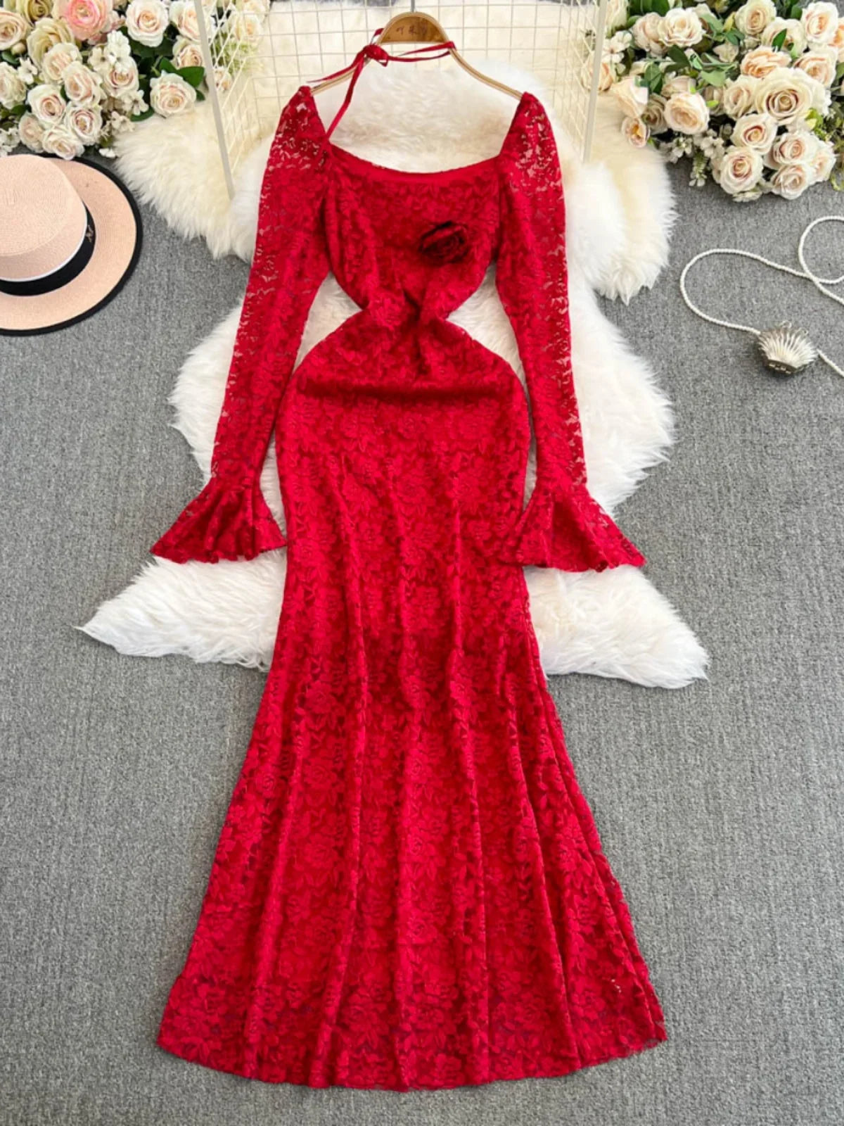 Red Lace Long Sleeve Mermaid Party Dress on Luulla