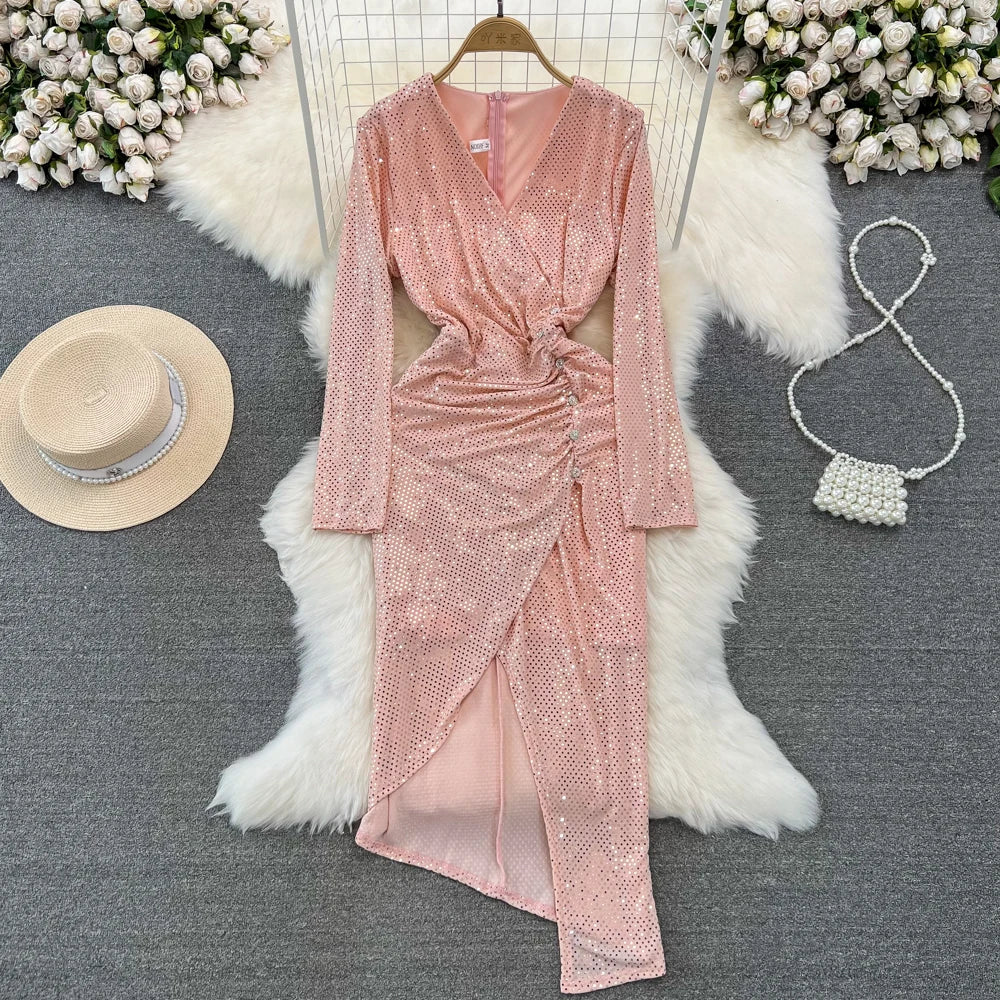 Sparkling Pink Sequin Wrap Dress with Ruched Detail