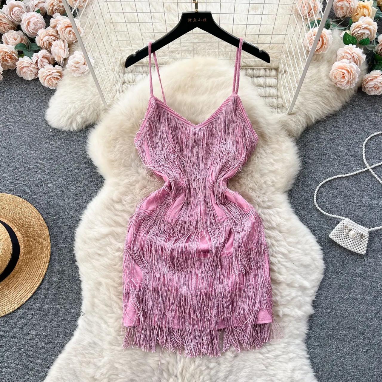 sparkly pink fringe dress Shook Mini Dress