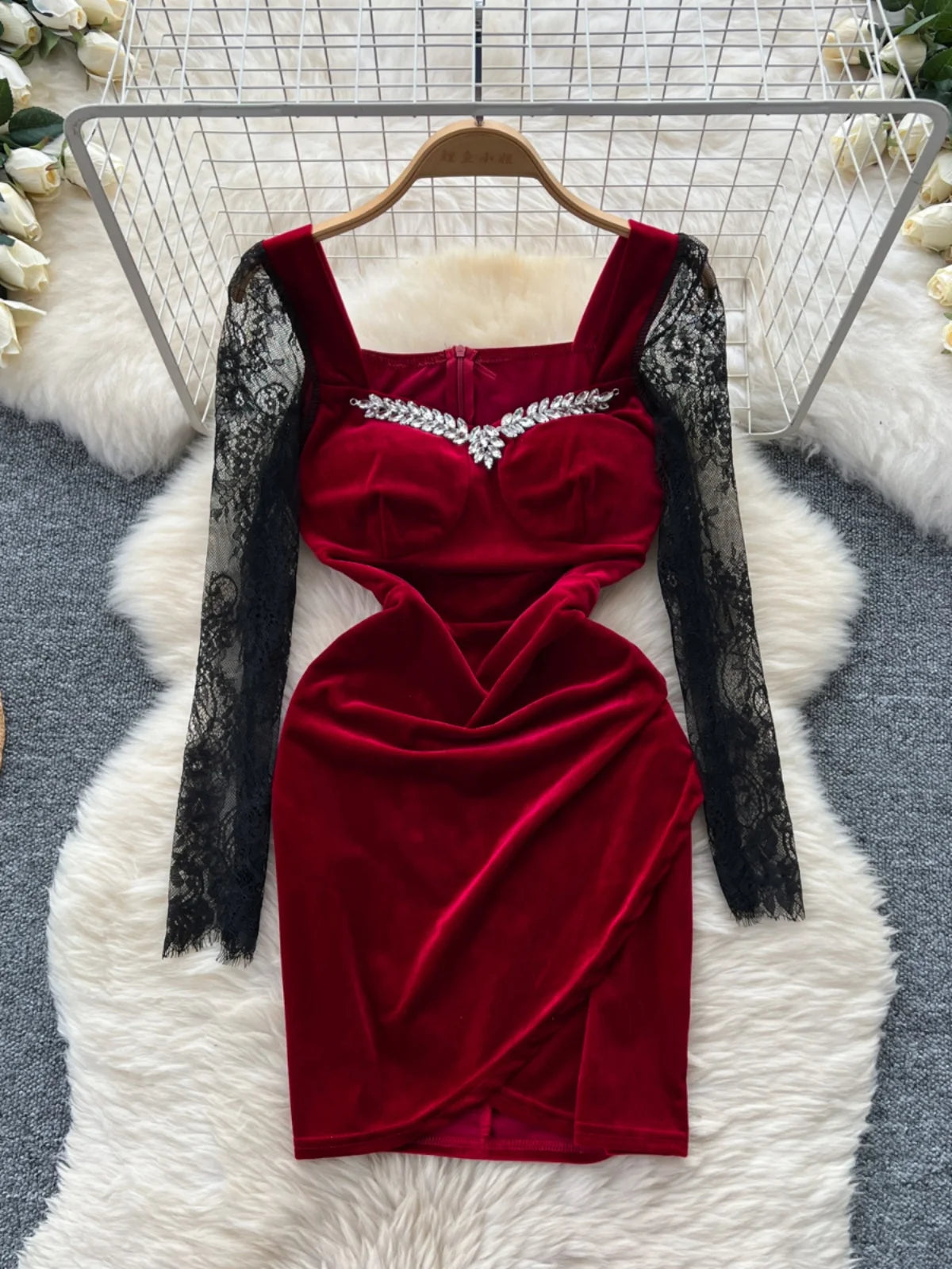 Velvet Lace-trimmed Red Dress With Rhinestones