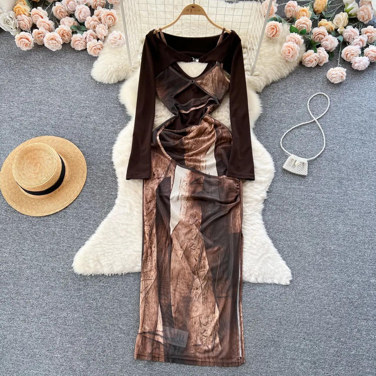 knee length dresses for ladies Abstract Print Long Sleeve Maxi Dress White Black / S by Blue Zone Planet