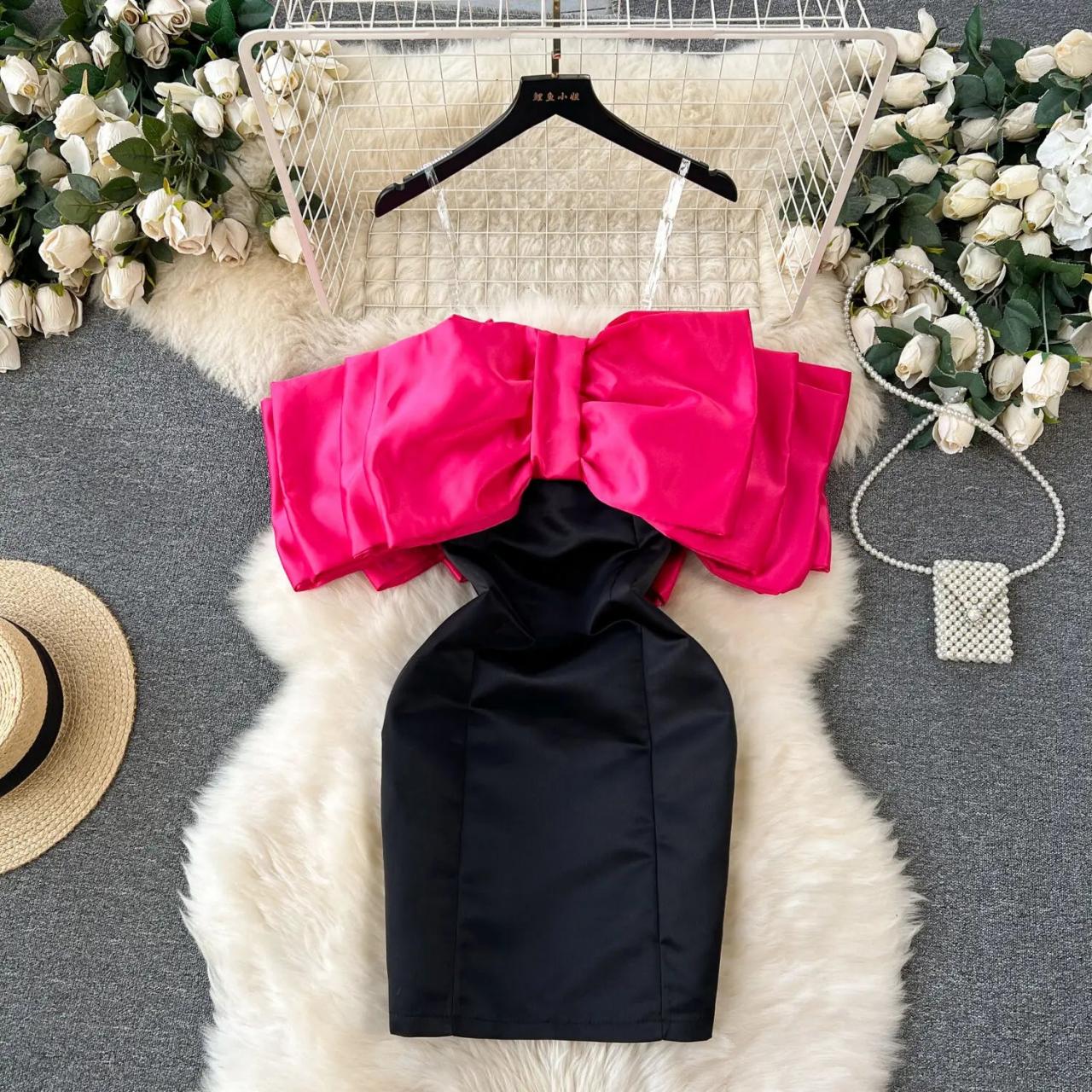 Off-shoulder Black Dress With Pink Bow Accent on Luulla