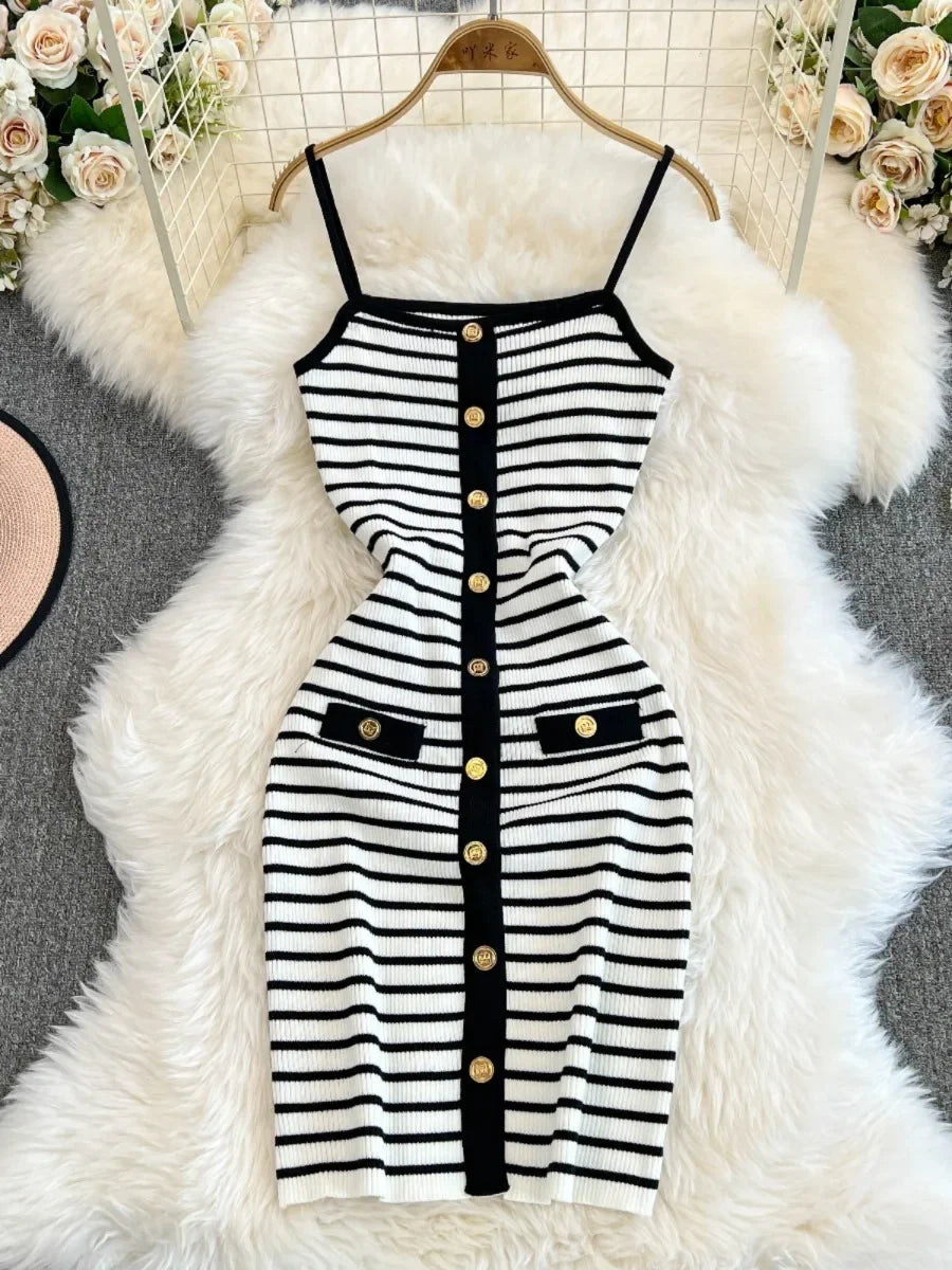 Striped Button-down Knit Dress With Pockets