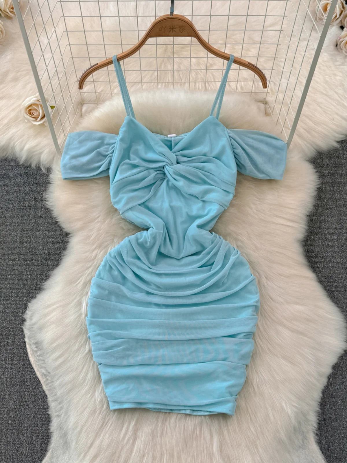 princess polly baby blue dress Ruched Off-shoulder Turquoise Bodycon Dress With Straps on Luulla