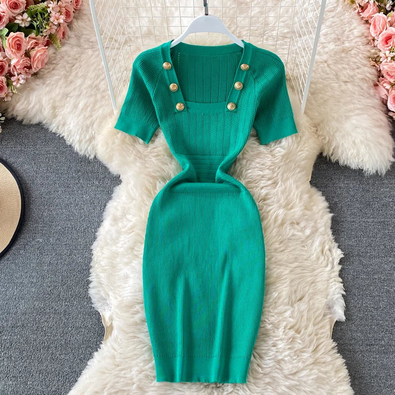 Chic Green Knitted Dress with Button Accents