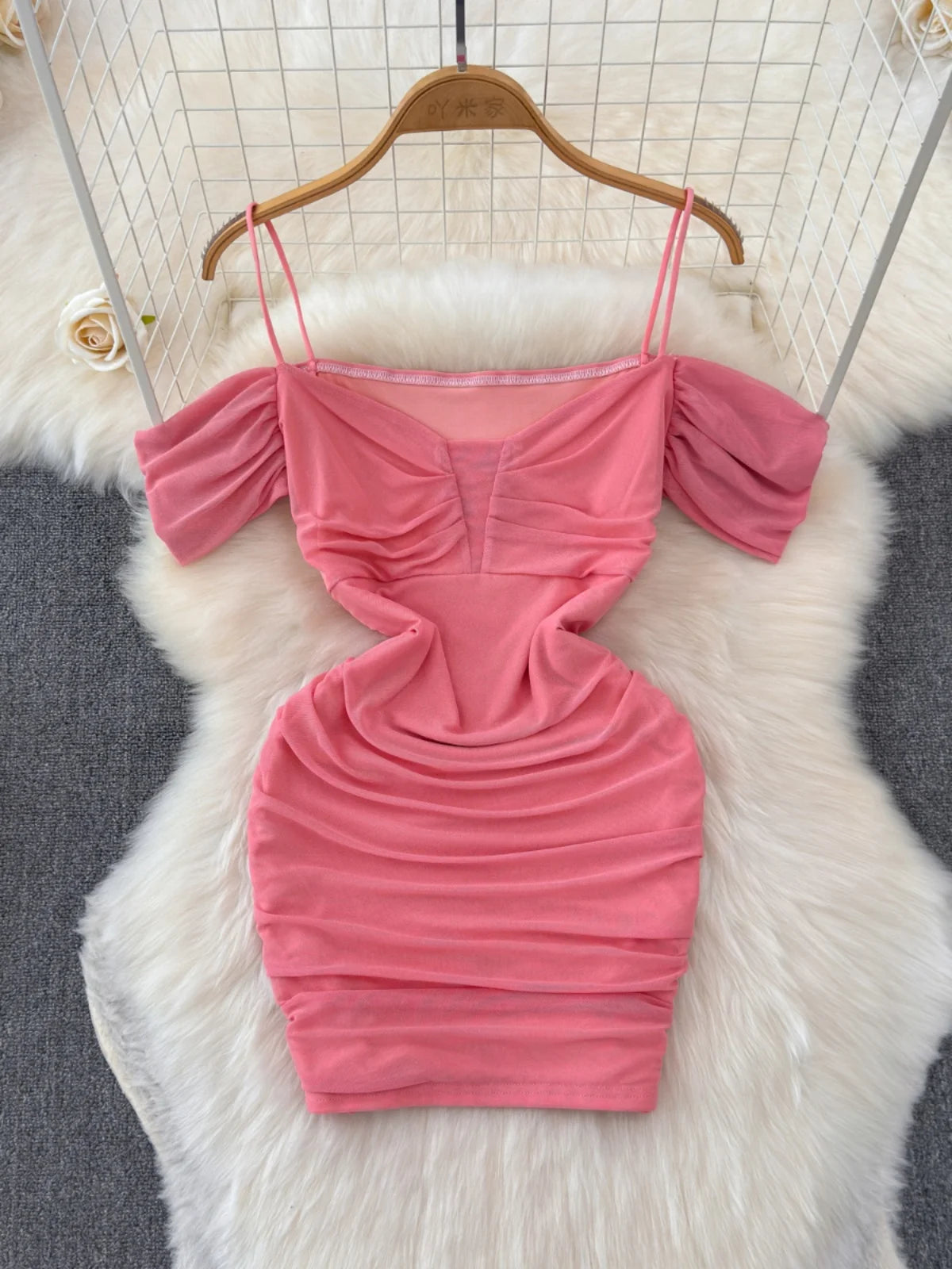strapless open back dress Prudy Off-Shoulder Ruched Tie-Detail Maxi Dress in Dark Rose main image 0