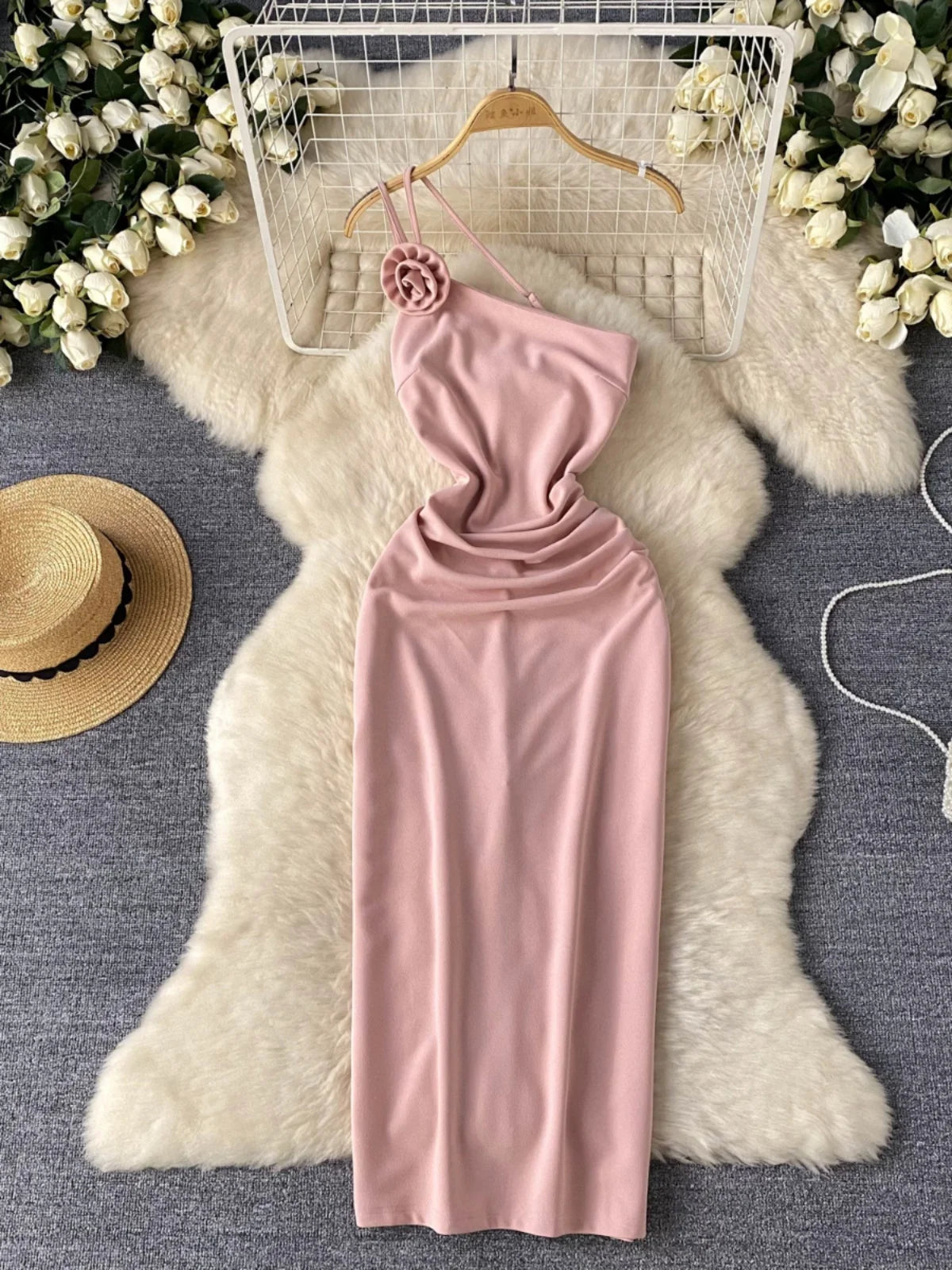 open lace back dress Pale Pink Satin One Shoulder Dress – Lisposa main image 0