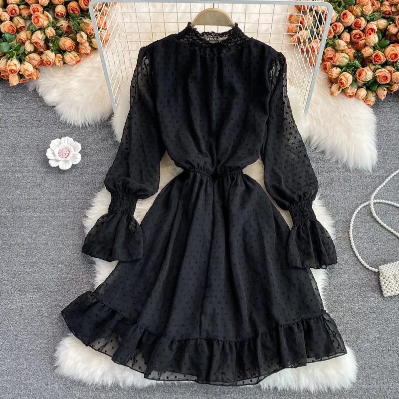 knee length dresses for ladies Midnight Elegance: Front Ruffle Mesh Combo Tiered Maxi Dress main image 0
