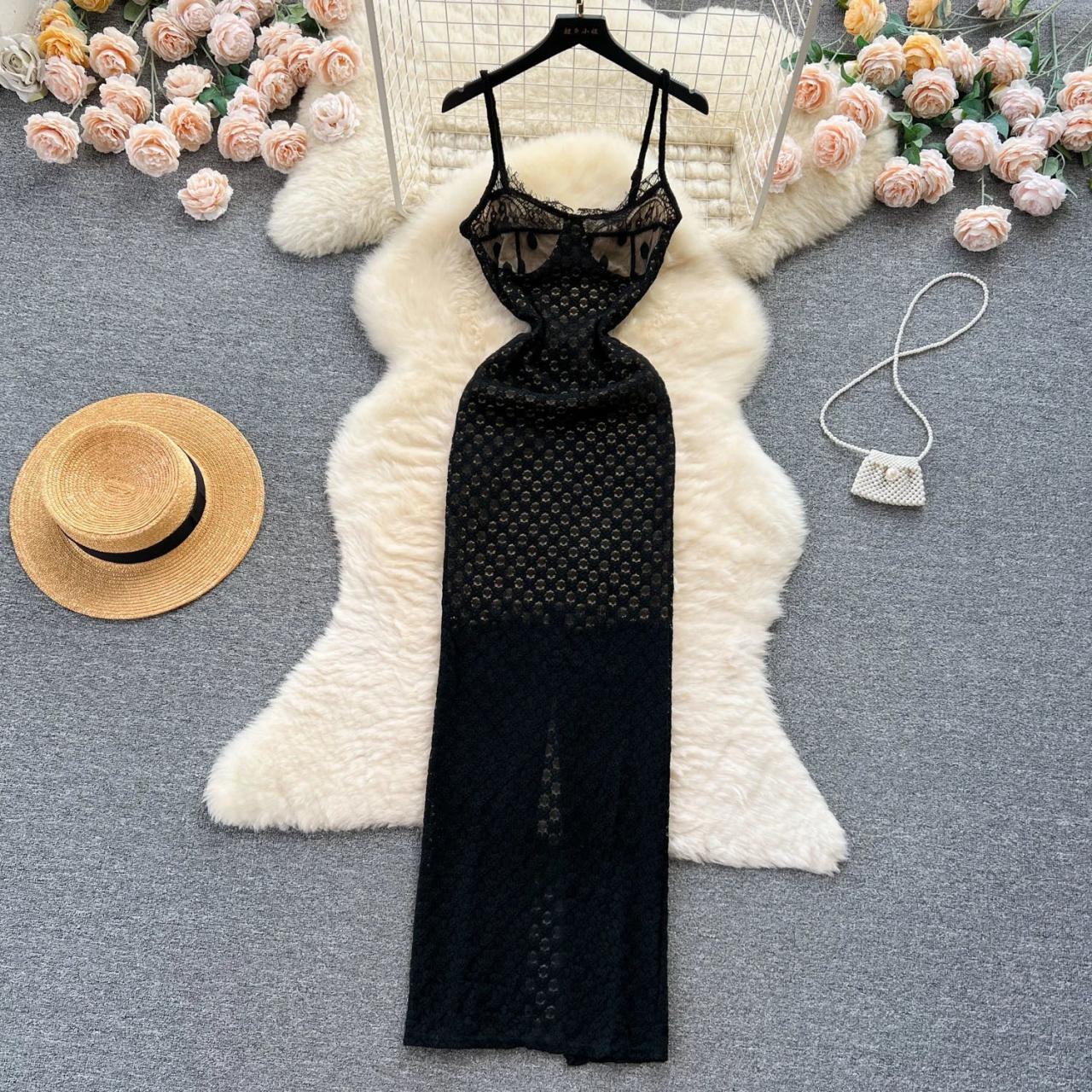 chinese dress ladies Straps Black Sheer Lace Corset Maxi Dress – FancyVestido