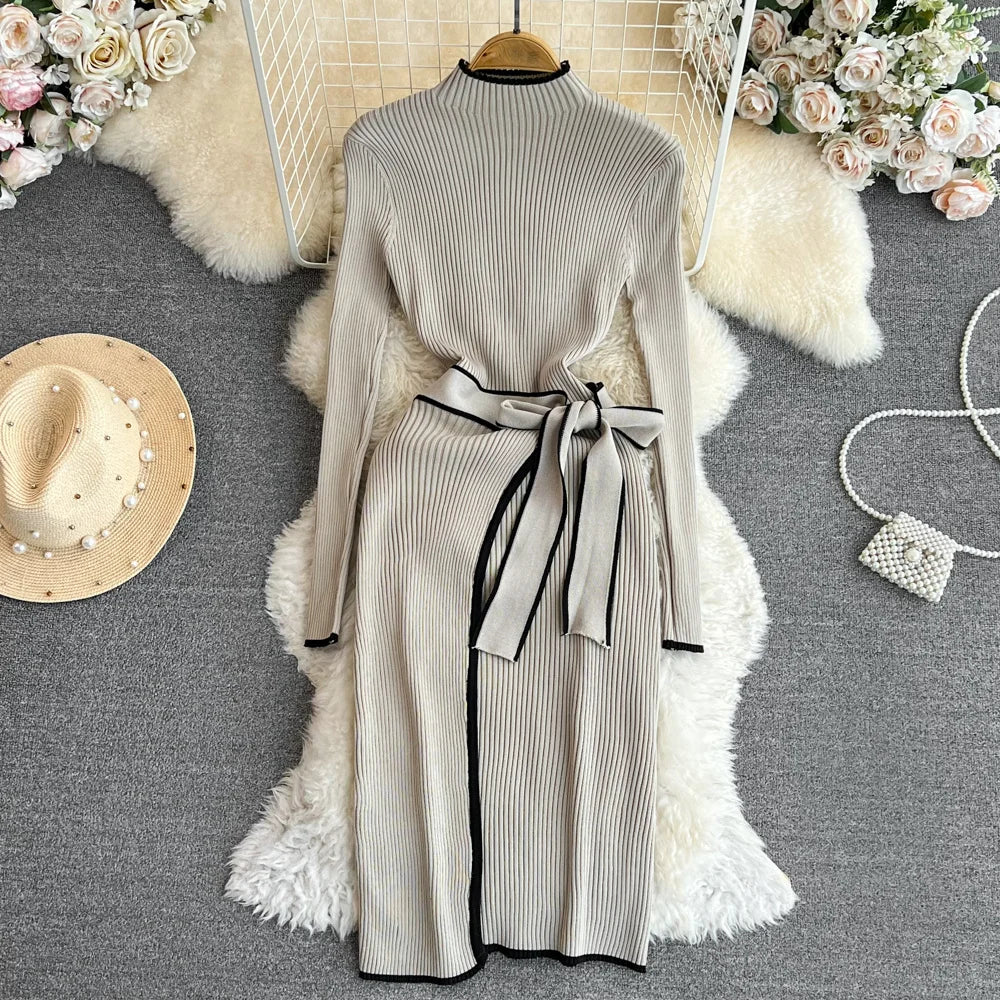 Pleated Knit Dress With Belted Waist