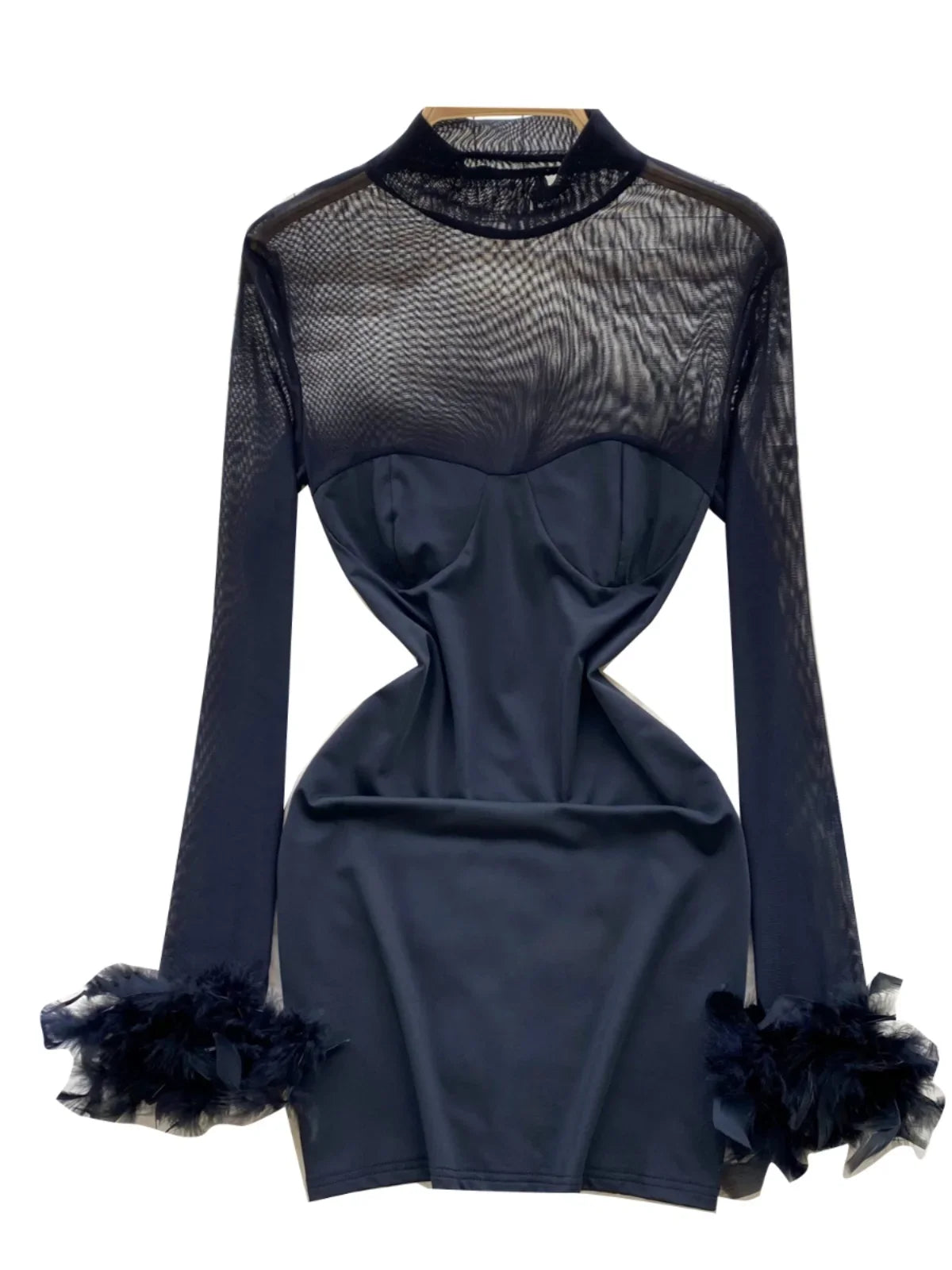 Black Sheer Long-sleeve Bodycon Dress With Feathers on Luulla